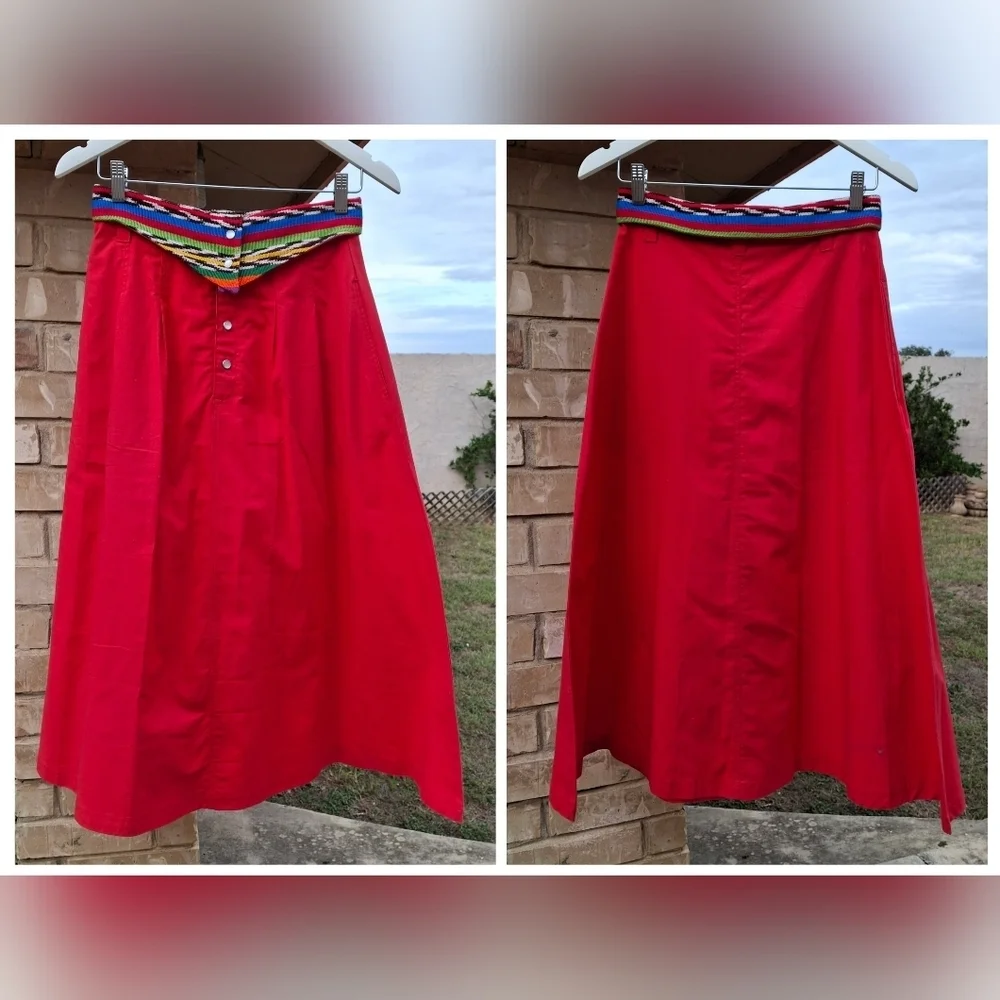 Guatemala Textiles Handwoven Cotton Serape Waist Red Corte Skirt  Size Small